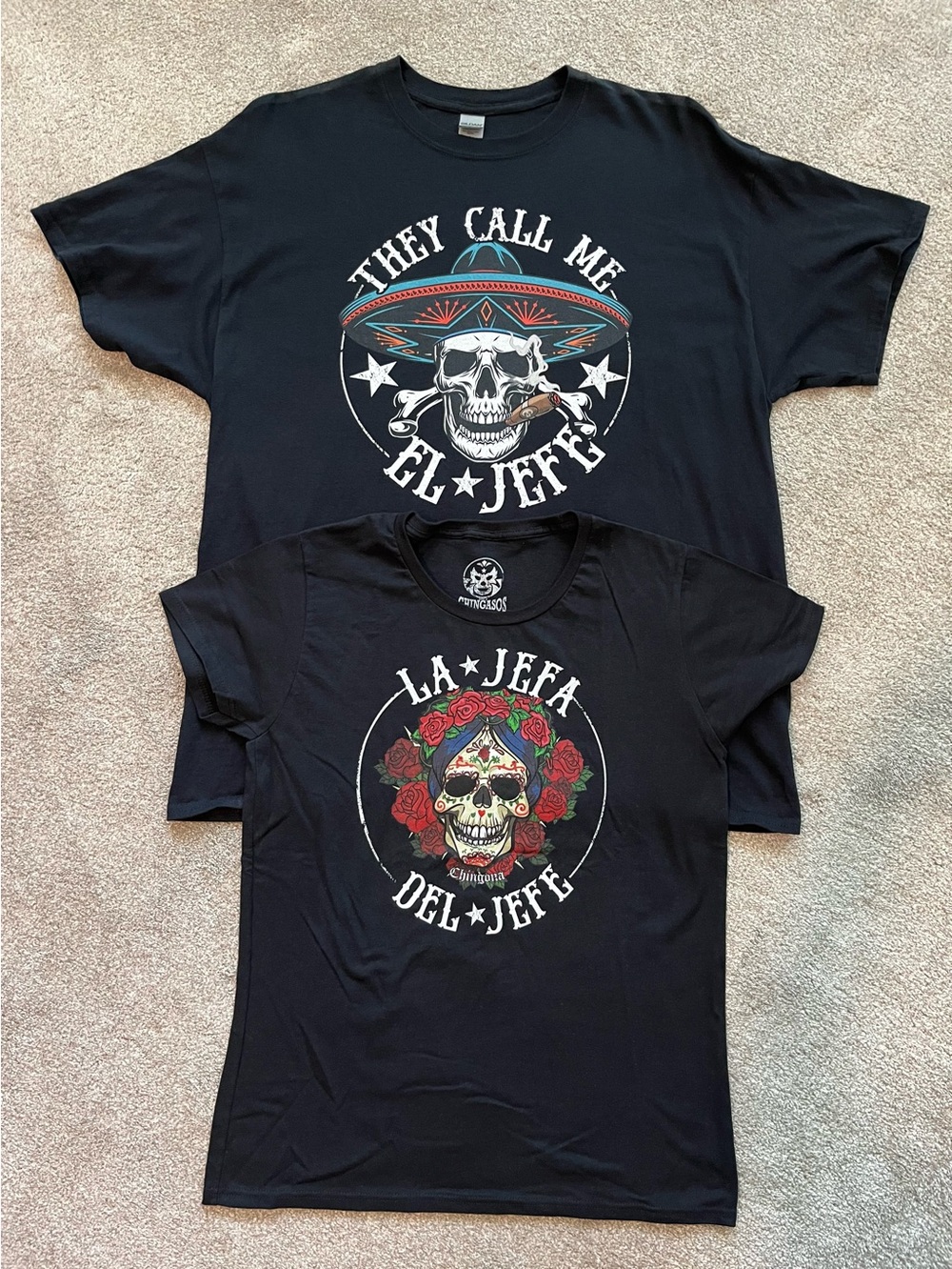 His & Hers El Jefe La Jefa Black Cotton Tshirts XL & Med Mexican Sugar Skulls